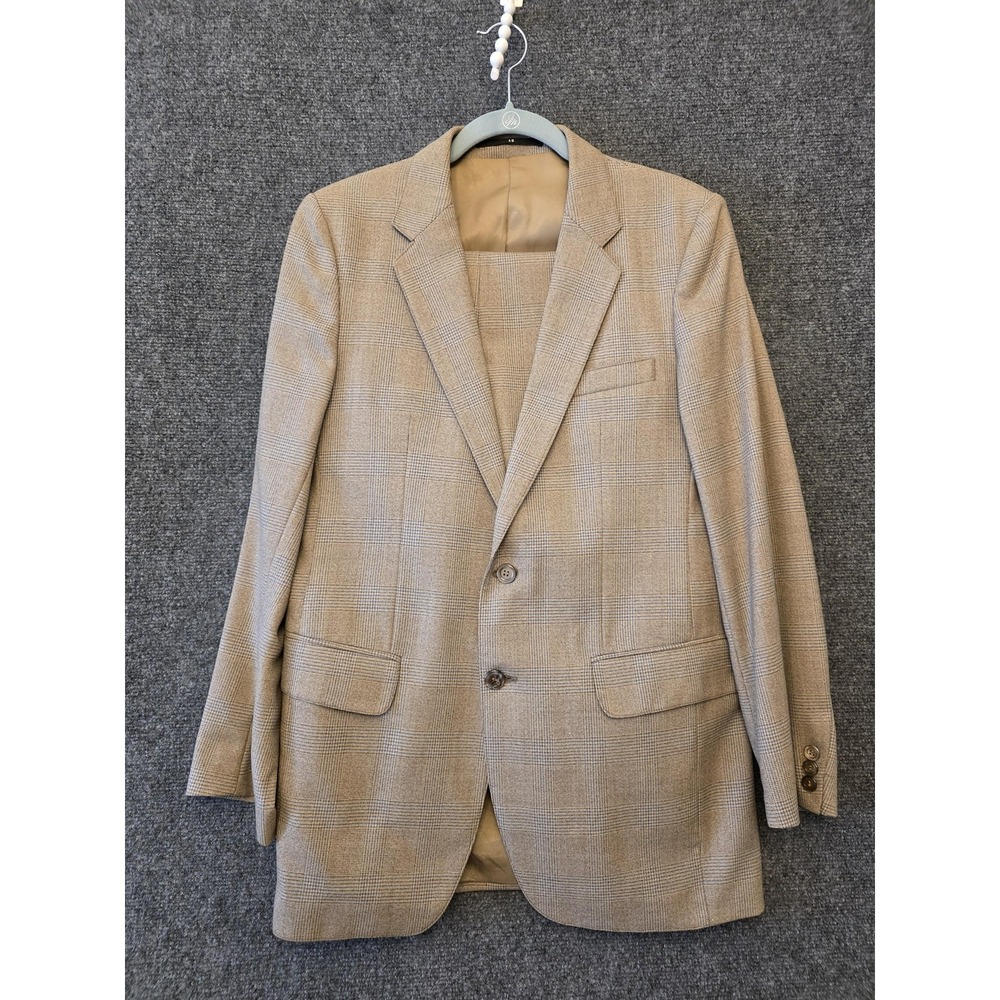 C&A Suit Mens 48‎ Beige Wool Plaid Check Tweed 2 Piece Jacket Pants FLAWS